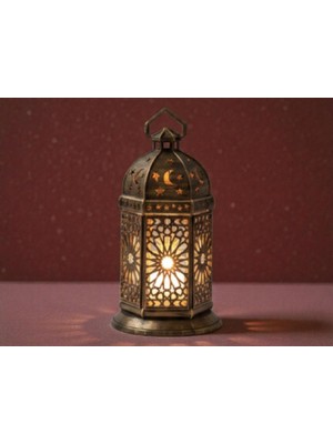 Özbience Ramazan Temalı Pilli Tealight Mumluk, Yıldız ve Hilal Detaylı Dekoratif Fener