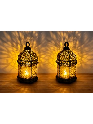 Özbience 2’li LED Ramazan Feneri, 3D Baskı Siyah Dekoratif Şam Feneri