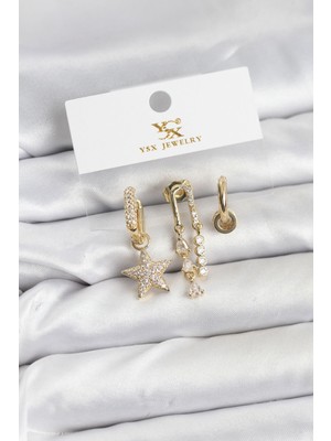 Kyops Pirinç Gold Renk Zirkon Taşlı Yıldız Vintage Model Ysx Trio Küpe Seti - Lisinya