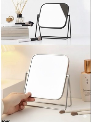 NessiWorld Gümüş Renk Ayarlanabilir Kare Metal Ayaklı Masa Üstü Makyaj Aynası
