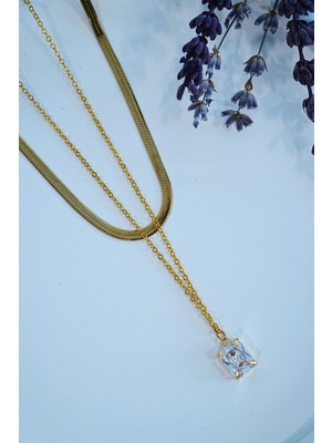Hatıra Kutusu Altın Renk Baget Taşlı Italyan Bakla Zincir Kadın Çelik Kolye – Lisinya
