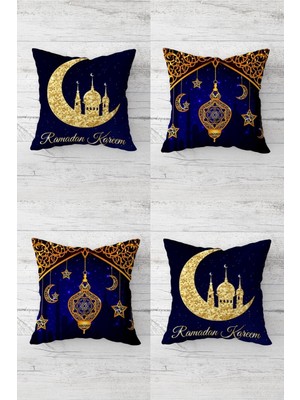 Özbience Ramazan Temalı Kırlent Kılıfı Takımı, 4'lü, Hilal ve Eid Mübarak Tasarımı