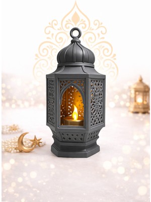 Özbience 3D Dekoratif Fener Mumluk, LED Mum Dahil, 3 Renk Seçenekli, Ramazan Temalı