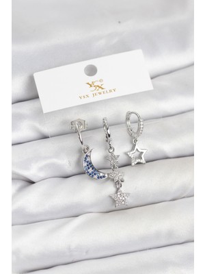 Kyops Pirinç Gümüş Renk Zirkon Taşlı Ay ve Yıldız Model Ysx Trio Küpe Seti - Lisinya