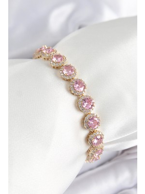 Hatıra Kutusu Pirinç Pembe Zirkon Taşlı Daire Baget Model Gold Renk Vıp Seri Kadın Bileklik - Lisinya