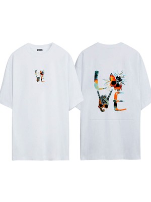 Urbvn Love Skull 1 Tasarım Baskılı Beyaz Oversize T Shirt
