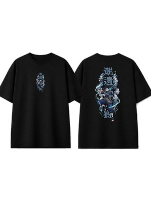 Urbvn Blue Anime Boy Tasarım Baskılı Siyah Oversize T-Shirt