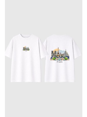 Urbvn Paris View Tasarım Baskılı Beyaz Oversize T Shirt
