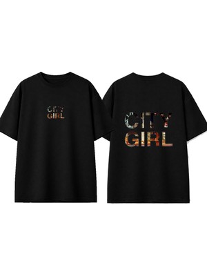 Urbvn City Girl Tasarım Baskılı Siyah Oversize T-Shirt