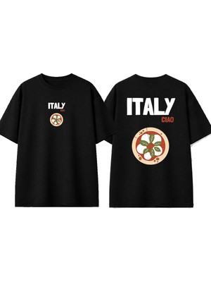 Urbvn Italy Pizza Tasarım Baskılı Siyah Oversize T-Shirt