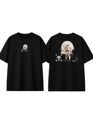 Urbvn One Piece 4 Tasarım Baskılı Siyah Oversize T-Shirt