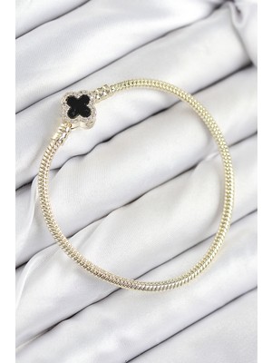 Hatıra Kutusu Pirinç Charm Zirkon Taşlı Yonca Model Gold Renk Kadın Bileklik - Lisinya