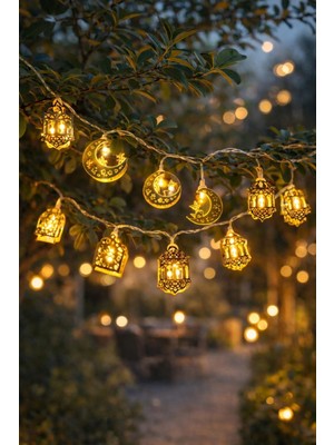 Özbience Ramazan Temalı Dekoratif Mini Fener LED Işık Zinciri, Bahçe ve Ev Süsleme