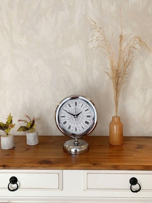 Urfakent Krom Metal Çini Desen Roma Rakamlı Masa Saati