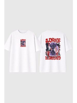 Urbvn Day Of Blood Tasarım Baskılı Beyaz Oversize T Shirt