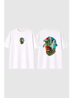 Urbvn Tropic Man Tasarım Baskılı Beyaz Oversize T Shirt