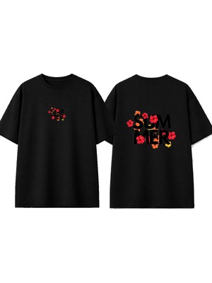 Urbvn Summer Flower Tasarım Baskılı Siyah Oversize T-Shirt
