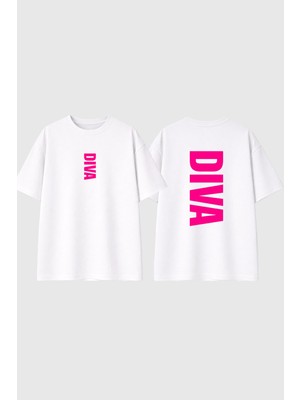 Urbvn Pink Diva Tasarım Baskılı Beyaz Oversize T Shirt