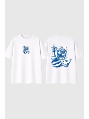 Urbvn Ice Chess Tasarım Baskılı Beyaz Oversize T Shirt