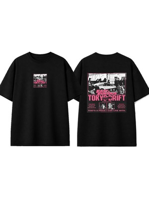Urbvn Tokio Car Tasarım Baskılı Siyah Oversize T-Shirt