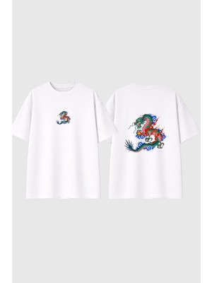 Urbvn Drago2 Tasarım Baskılı Beyaz Oversize T Shirt