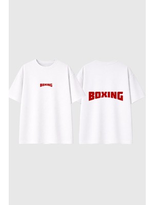 Urbvn Boxing Logo Tasarım Baskılı Beyaz Oversize T Shirt