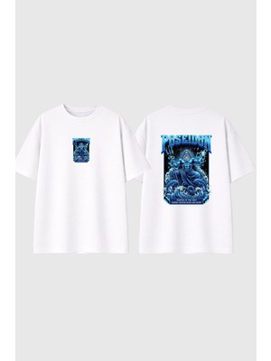 Urbvn Blue Poseidon Tasarım Baskılı Beyaz Oversize T Shirt