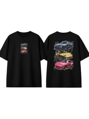 Urbvn Cars 2 Tasarım Baskılı Siyah Oversize T-Shirt