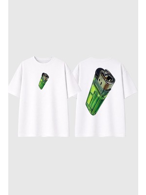 Urbvn Lighter Tasarım Baskılı Beyaz Oversize T Shirt