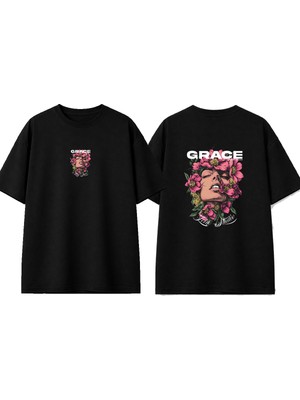 Urbvn Grace Flower Tasarım Baskılı Siyah Oversize T-Shirt