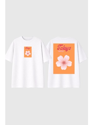 Urbvn Tokyo Flower Tasarım Baskılı Beyaz Oversize T Shirt