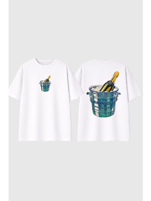 Urbvn Champaine Tasarım Baskılı Beyaz Oversize T Shirt