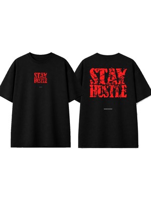 Urbvn Stay Hustle Tasarım Baskılı Siyah Oversize T-Shirt