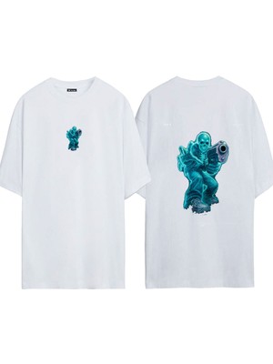Urbvn Killer Skull 1 Tasarım Baskılı Beyaz Oversize T Shirt