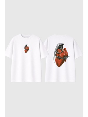 Urbvn Heart Bomb Tasarım Baskılı Beyaz Oversize T Shirt