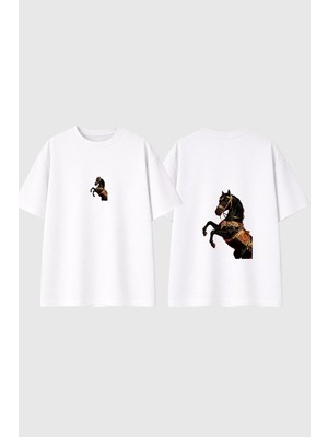 Urbvn Horse Gold Tasarım Baskılı Beyaz Oversize T Shirt