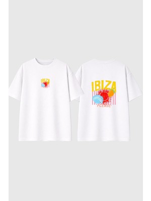 Urbvn Ibiza Please Tasarım Baskılı Beyaz Oversize T Shirt