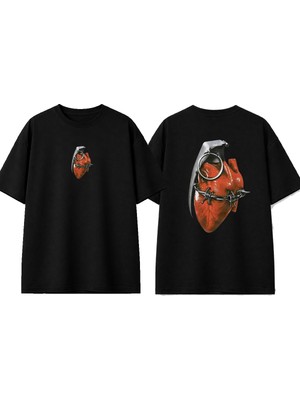 Urbvn Heart Bomb Tasarım Baskılı Siyah Oversize T-Shirt