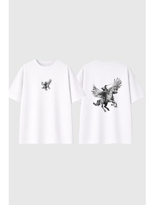 Urbvn Pegasus Tasarım Baskılı Beyaz Oversize T Shirt