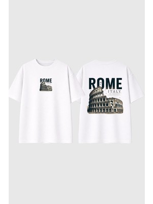 Urbvn Rome Tasarım Baskılı Beyaz Oversize T Shirt