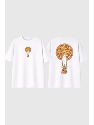 Urbvn Pizza Dilim Tasarım Baskılı Beyaz Oversize T Shirt