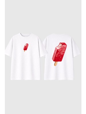 Urbvn Stick Icecream Tasarım Baskılı Beyaz Oversize T Shirt