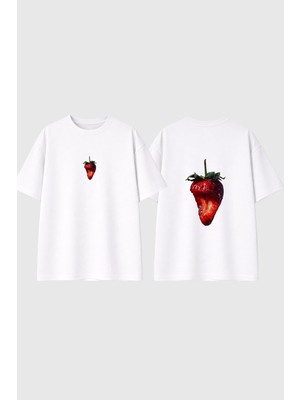 Urbvn Bite Strawberry Tasarım Baskılı Beyaz Oversize T Shirt