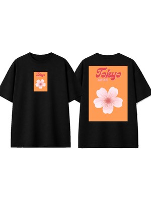 Urbvn Tokyo Flower Tasarım Baskılı Siyah Oversize T-Shirt