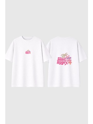 Urbvn Sunny Hunny Tasarım Baskılı Beyaz Oversize T Shirt