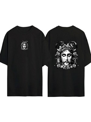 Urbvn Jesus 1 Tasarım Baskılı Siyah Oversize T Shirt