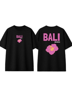 Urbvn Bali Flower Tasarım Baskılı Siyah Oversize T-Shirt