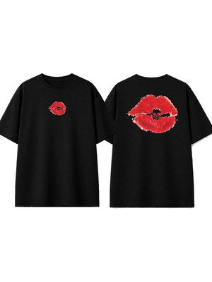 Urbvn Lips Skull Tasarım Baskılı Siyah Oversize T-Shirt