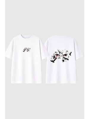 Urbvn Anime Eyes 4 Tasarım Baskılı Beyaz Oversize T Shirt
