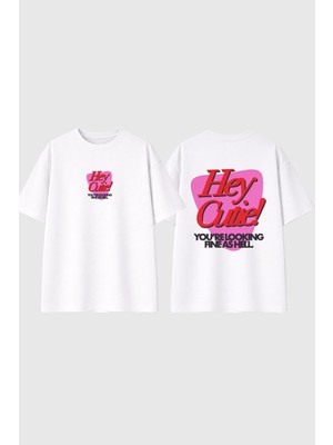 Urbvn Hey Cutie Tasarım Baskılı Beyaz Oversize T Shirt